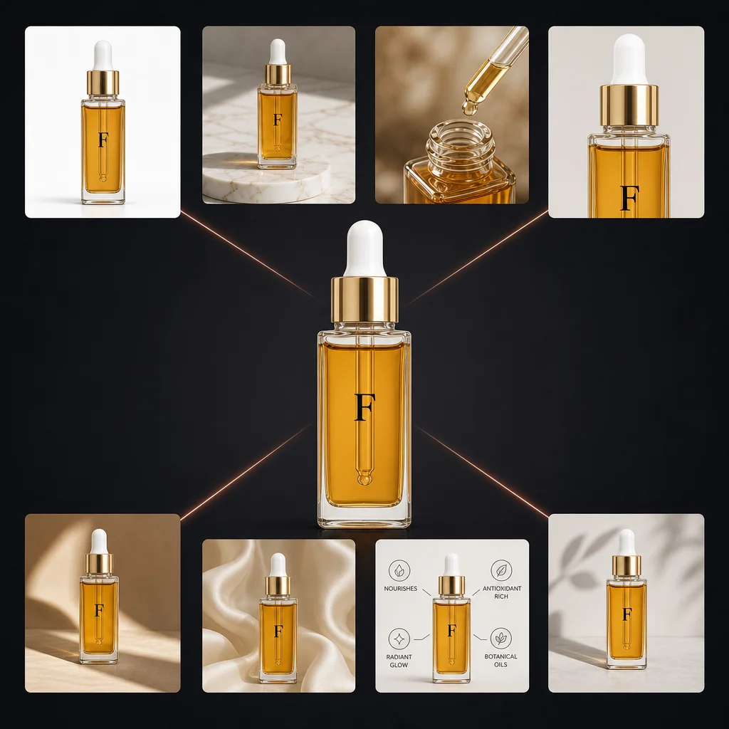 Shelfgen output grid showing nine marketplace listing images from one product photo