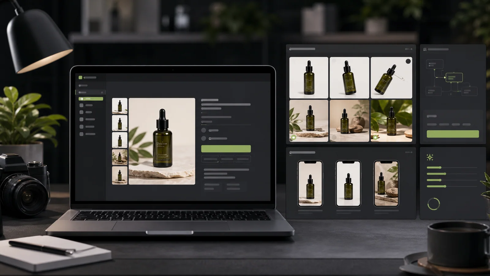 Generated Shopify product image workflow with PDP gallery, mobile crops, and AI image panels