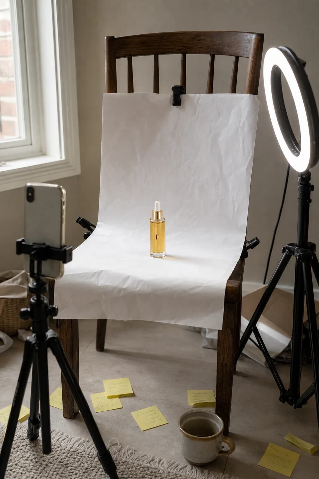 Foundry Skincare's improvised home photo setup, March 2023