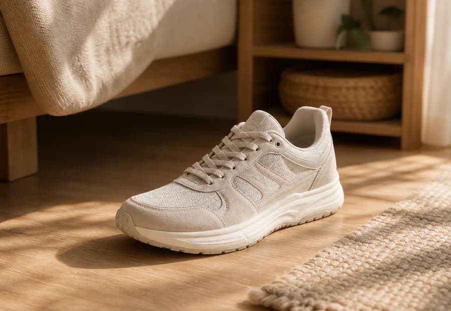 Sneaker lifestyle image placed on a warm wood floor