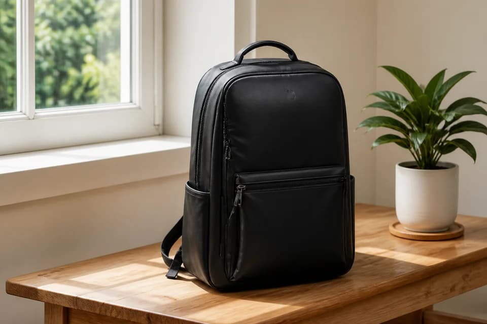 Black backpack in a home lifestyle scene