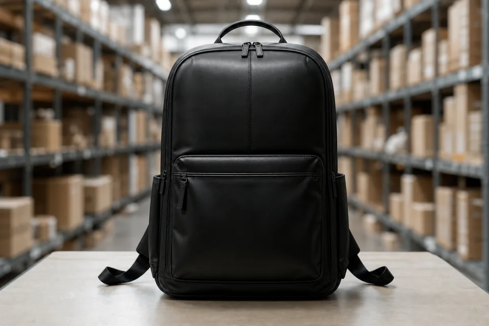 Black backpack photographed in a warehouse